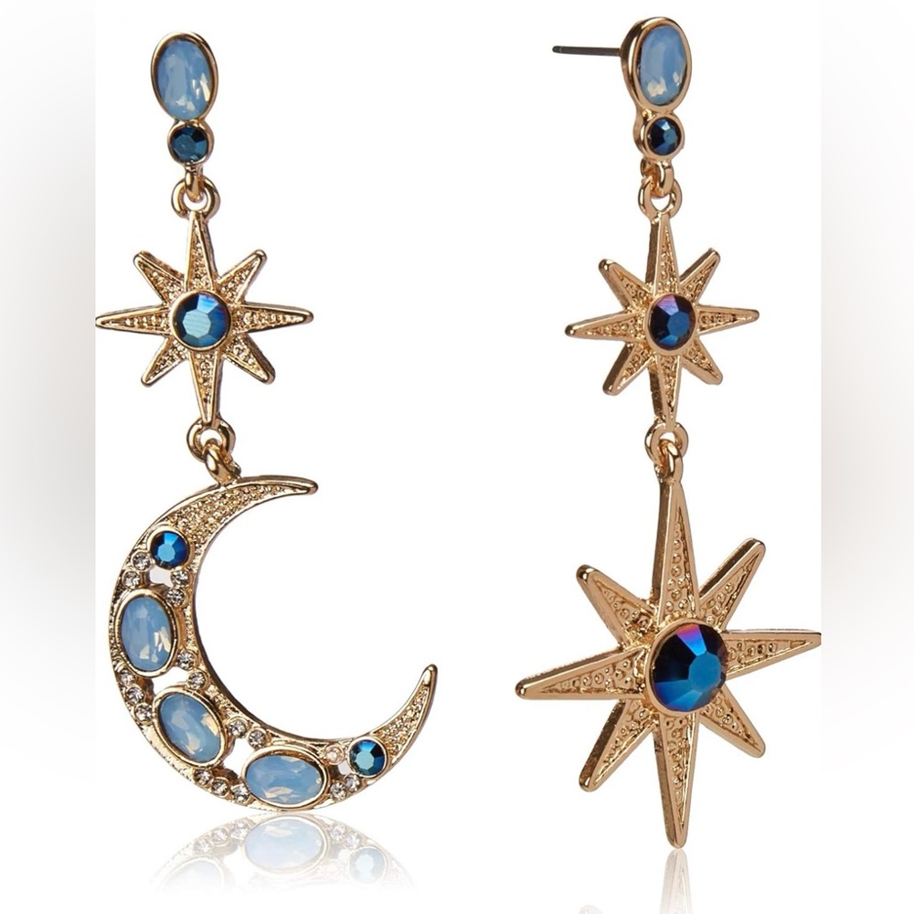 NEW Betsey Johnson Gold and Crystal Celestial Moon and Star Mismatch Earrings